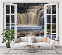 SMBHIAON 3D Panoramic Custom Brown Wallpaper Murals, Forest Scenery Giant Rock Waterfall Window View Wall Murals, Modern Living Room Kitchen Dining Room Bedroom Wall Mural Wallpaper 450 × 315 cm