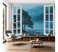 SMBHIAON 3D Panoramic Custom Cyan Wallpaper Murals, Realistic Forest Scenery Mist Pine Trees Window View Wall Murals, Modern Living Room Kitchen Dining Room Bedroom Wall Mural Wallpaper 250 × 175 cm