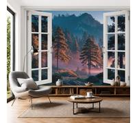 SMBHIAON 3D Panoramic Custom Dark Green Wallpaper Murals, Forest Light Shadow Pine Forest Window View Wall Murals, Modern Living Room Kitchen Dining Room Bedroom Wall Mural Wallpaper 450 × 315 cm