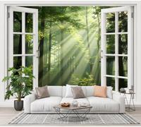 SMBHIAON 3D Panoramic Custom Emerald Green Wallpaper Murals, Forest Scenery Sunlight Trees Window View Wall Murals, Modern Living Room Kitchen Dining Room Bedroom Wall Mural Wallpaper 450 × 315 cm