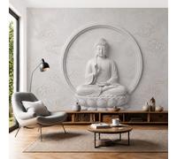 SMBHIAON 3D Panoramic Custom Light Gray Wallpaper Murals, Zen-Like Relief Buddha Statue Auspicious Clouds Wall Murals, Modern Living Room Kitchen Dining Room Bedroom Wall Mural Wallpaper 350 × 256 cm