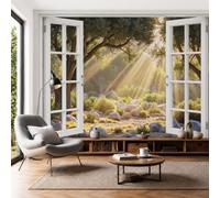 SMBHIAON 3D Panoramic Custom Olive Green Wallpaper Murals, Forest Window View Trees Sunlight Wall Murals, Modern Living Room Kitchen Dining Room Bedroom Wall Mural Wallpaper 250 × 175 cm