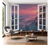 SMBHIAON 3D Panoramic Custom Rose Red Wallpaper Murals, Forest Window View Sunrise Mountain Forest Wall Murals, Modern Living Room Kitchen Dining Room Bedroom Wall Mural Wallpaper 250 × 175 cm