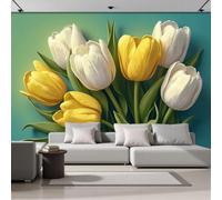 SMBHIAON 3D Panoramic Custom Yellowish-White Wallpaper Murals, Nordic Flowers Tulip Bouquet Wall Murals, Modern Living Room Kitchen Dining Room Bedroom Wall Mural Wallpaper 300 × 210 cm