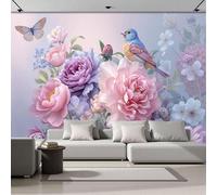 SMBHIAON 3D Panoramic Wallpaper Mural,250 × 175 Cm Wall Poster Peony Butterfly Bird Patterns Design Photo Effect,Country Garden Scene Decoration for Bedroom Living Room Corridor