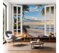 SMBHIAON 3D Panoramic Wallpaper Mural Amber,Beach Scenery,Palm Trees Ocean Waves Window View Effect, 400 × 280 cm 3D Wall Sticker Poster Decoration