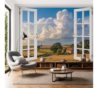 SMBHIAON 3D Panoramic Wallpaper Mural Gold,Rural Scene,Sunlit Wheat Field Window View Effect, 250 × 175 cm 3D Wall Sticker Poster Decoration