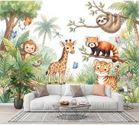 SMBHIAON 3D Photo Wallpaper Monkey Giraffe Zebra 400 × 280 cm - Rainforest Animals Silk Cloth Mural Wallpaper, Light Green Wall Stickers Art Wall Mural for Living Room Sofa Tv Background Bedroom