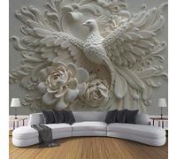 SMBHIAON 3D Relief Murals,White Phoenix Peony Pattern Wall Mural Wallpaper, White Wallpaper for Bedroom Living Room 150 × 105 Cm Artwork Background Wall Stickers (Not Self-Adhesive)