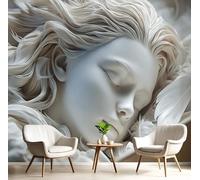 SMBHIAON 3D Sculpture Art Texture Panoramic Wallpaper Mural,Female Portrait with Eyes Closed 3D Wall Sticker Poster Decoration,350×256 cm,Ivory