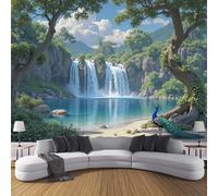 SMBHIAON 3D Tropical Forest Scenery Panoramic Wallpaper Mural,Cliff Waterfall Landscape 3D Wall Sticker Poster Decoration,400 × 280 cm,Forest Green