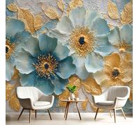 SMBHIAON 3D Wall Mural Elegant Floral Texture Photo Wallpaper, Luxury Gold Foil Flower Leaf Design Wall Mural Decoration Poster Picture 200×140 cm Murals for Living Room Kids Bedroom,Blue Gold