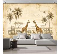 SMBHIAON African Savanna Animals Wall Murals,300 × 210 Cm Giraffe Zebra Palm Tree Photo Wallpaper Silk Wall Covering Effect Poster Picture for Living Room Bedroom Office,Brown