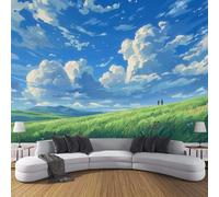 SMBHIAON Anime Illustrations Murals, Vast Green Grassland Wall Mural Wallpaper, Blue Wallpaper for Bedroom Living Room Decor 250 × 175 cm (Not Self-Adhesive)