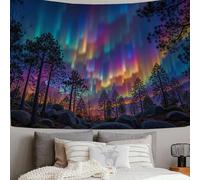SMBHIAON Aurora Forest Tapestry, Northern Lights Pine Forests Rocks Tapestries For Living Room, Home Decor, Purple-Green, 150 X 150 Cm