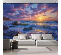 SMBHIAON Beach Scenery Wall Mural 3D Waves Sunset Rocks Wallpaper Large Blue-Purple Wall Wallpaper for Living Room Bedroom 450 × 315 Cm