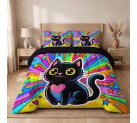 SMBHIAON Black Cat Heart Super King Coverless Duvet Set, 3 Pieces | 260x230cm Lightweight Quilt, 2 Pillowcases 50x75 cm, Soft Microfiber Bed Cover Bedding for Bedroom, All Seasons,Fluorescent Powder