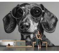 SMBHIAON Black Wallpaper 3D Dachshund Wearing Round Glasses Wallpaper,Realistic Animal Depiction Panoramic Wall Murals for Bedroom Living Room Tv Backdrop Hallway Hall Lounge,200 × 140 Cm