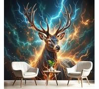 SMBHIAON Blue-Orange Wallpaper Deer and Lightning Scenes Wallpaper Fantasy Animals Wall Mural 200 × 140 Cm Large Photo Wallpapers for Bedroom Living Room Tv Backdrop Hallway