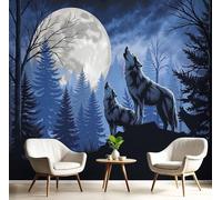 SMBHIAON Blue Wallpaper, Wolves Full Moon Forest Mural Wallpaper, Dark Fantasy Style Room Decor Wall Art for Living Room Bedroom Kitchen 400 × 280 Cm