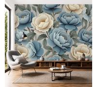 SMBHIAON Blue White Peony Photo Wallpaper Panoramic, Retro Plants Flowers Wall Mural Poster 3D Effect - Silk Wallpaper for Living Room Bedroom Office TV Background Decoration, 200 × 140 cm