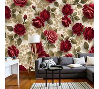 SMBHIAON Burken Red Wallpaper Red Roses Branches and Leaves Wallpaper Classic Floral Pattern Wall Mural 350 × 256 Cm Large Photo Wallpapers for Bedroom Living Room Tv Backdrop Hallway