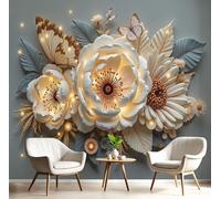 SMBHIAON Butterfly Rose Patterns Photo Wallpaper - Artistic Sculpture Style Wall Mural,400×280 cm,Beige, Decorative Poster for Living Room, Kitchen & Bedroom Home Wall Decoration