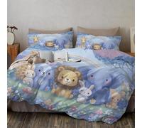 SMBHIAON Cartoon Illustration Duvet Cover Set Forest Animal Rabbit Floral Print Bedding Set Single Size For Boys Girls Children Bedroom Decor Ultra Soft Blue Comforter Cover Reversible