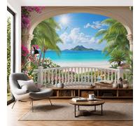 SMBHIAON Carved Door Flying Birds Photo Wallpaper Panoramic, Archway Sea View Wall Mural Poster 3D Effect - Silk Wallpaper for Living Room Bedroom Office Tv Background Decoration, 350 × 256 Cm