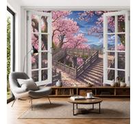 SMBHIAON Cherry Tree Stone Steps Window View Background Wall Mural - 400 × 280 cm Anime Style Photo Wallpaper for Bedroom Living Room Playroom Teen Room, 3D Panoramic Custom Wallpaper Wall Art, Pink