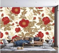 SMBHIAON Classic Flowers Mural Wallpaper for Living Room Red Roses Leaf Print Wall Mural for Tv Backdrop Bedroom Hallway Hall Lounge - 250 × 175 Cm,Burgundy Red