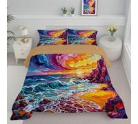 SMBHIAON Coast Waves Sunset Coverless Duvet Double, Natural Scenery Reversible Comforter With 2 Pillowcases, 200x200cm Quilt Lightweight Warm All Season 200Gsm Filling, Pinkish-Purple