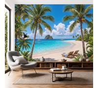 SMBHIAON Coconut Tree Sailboat Photo Wallpaper Panoramic, Island Beaches Wall Mural Poster 3D Effect - Silk Wallpaper for Living Room Bedroom Office Tv Background Decoration, 400 × 280 Cm