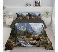 SMBHIAON Coverless Duvet Super King, Reversible Bear Mountain Stream Down Comforter,Wilderness Realistic Landscape Comforter Super King Bed with Pillowcases,Light Gray Warm Quilt Sets for All Seasons