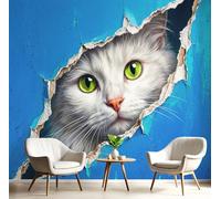 SMBHIAON Creative and Fun Animals Mural Wallpaper,Cat Breaking Through The Wall Spying Panoramic Wallpaper, Wall Mural Decoration Poster 200 × 140 Cm Murals for Living Room Bedroom Hallway, Blue