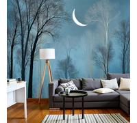 SMBHIAON Crescent Moon Silhouettes of Trees Wall Mural - Mysterious Forest,Dark Blue Wallpaper Poster,200 × 140 Cm, 3D Artwork for Bedroom, Living Room & Home Decoration (Not Self-Adhesive)