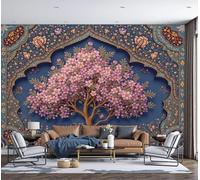 SMBHIAON Dark Blue Wallpaper 3D Pink Flowers Tree Wallpaper,Ethnic Style Woodblock Prints Panoramic Wall Murals for Bedroom Living Room Tv Backdrop Hallway Hall Lounge,450 × 315 Cm