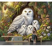 SMBHIAON Dark Green Wallpaper Snowy Owl Chicks Tree Hole Wallpaper Realistic Forest Animals Wall Mural 300 × 210 cm Large Photo Wallpapers for Bedroom Living Room Tv Backdrop Hallway