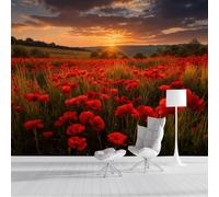 SMBHIAON Dark Red Wallpaper, Red Poppy Fields Mural Wallpaper, Sunset Hill View Room Decor Wall Art for Living Room Bedroom Kitchen 450 × 315 Cm