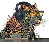 SMBHIAON Exaggerated Artistic Style Mural Wallpaper for Living Room Wearing Headphones Punk Leopard Wall Mural for Tv Backdrop Bedroom Hallway Hall Lounge - 250 × 175 Cm,Brown