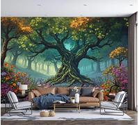 SMBHIAON Fantasy Forest Murals, Giant Trees Flowers Wall Mural Wallpaper, Olive Green Wallpaper for Bedroom Living Room Decor 150 × 105 Cm (Not Self-Adhesive)