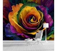 SMBHIAON Floral Illustration Murals, Rainbow-Colored Roses Wall Mural Wallpaper, Yellow Wallpaper for Bedroom Living Room Decor 250 × 175 Cm (Not Self-Adhesive)