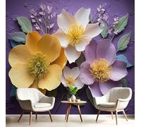 SMBHIAON Flowers Green Leaves Texture Wall Mural 450×315 cm - Purple Paper Sculpture Flower Design for Living Room, Bedroom & Kitchen Home Decor
