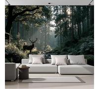 SMBHIAON Forest Landscape Murals, Sunlight Shines Through Tree Canopy onto The Elk Wall Mural Wallpaper, Dark Green Wallpaper for Bedroom Living Room Decor 400 × 280 Cm (Not Self-Adhesive)
