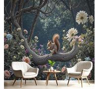 SMBHIAON Forest Squirrel Scene Wall Mural - Natural Animal Illustrations,150×105 cm Wallpaper Poster for Bedroom, Living Room & Home Decoration,Dark Green