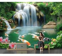 SMBHIAON Forest Waterfall Scenery Wall Mural 3D Pond Koi Carp Scene Wallpaper Large Emerald Green Wall Wallpaper for Living Room Bedroom 350 × 256 Cm