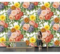 SMBHIAON Fresh Floral Style Mural Wallpaper,Rose and Hydrangea Patterns Panoramic Wallpaper, Wall Mural Decoration Poster 300 × 210 Cm Murals for Living Room Bedroom Hallway, Pink Green