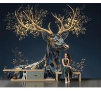 SMBHIAON Golden Antlers Deer Wall Mural 3D Cracked Black Marble Wallpaper Large Gold Wall Wallpaper for Living Room Bedroom 300 × 210 Cm
