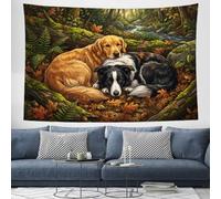 SMBHIAON Golden Retriever Border Collie Tapestry, Autumn Leaves Animals Wall Hanging Decor, Forest Landscape Tapestries for Bedroom, Living Room - 230 x 180 cm