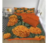SMBHIAON Green King Duvet Set: Soft Microfiber Orange Marigold Pattern Bedding With Zipper Closure, Reversible Lightweight Classic Plants Quilt Cover Or Comforter Cover (230×220 Cm)